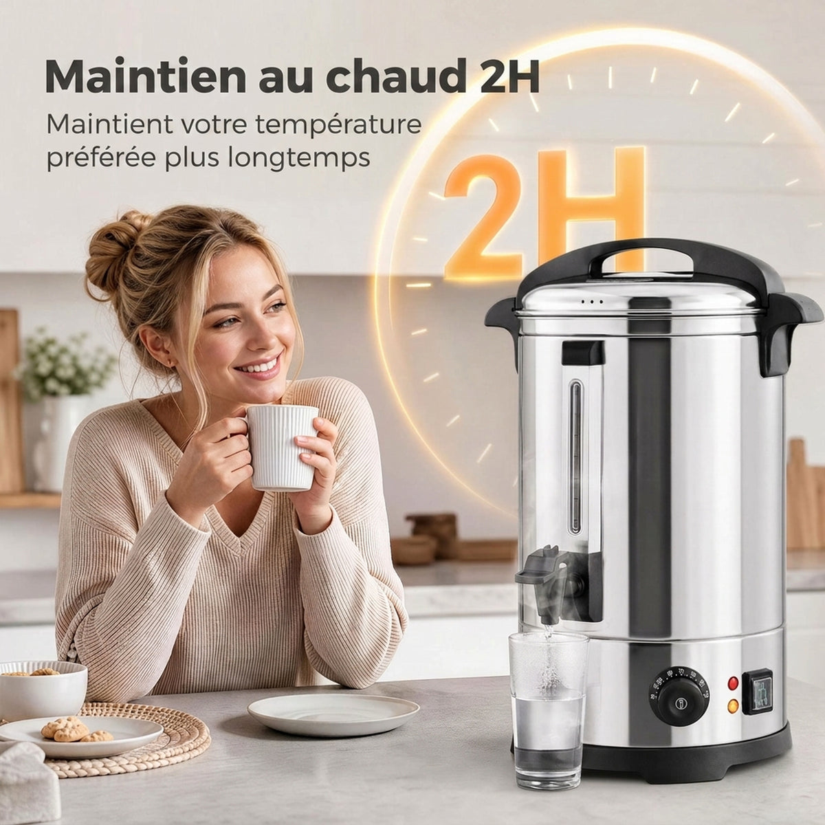 Distributeur d'Eau Chaude en Inox 8L 1500 W, 9 Niveaux de Température 30-110 °C, Maintien au Chaud, Robinet, Argenté