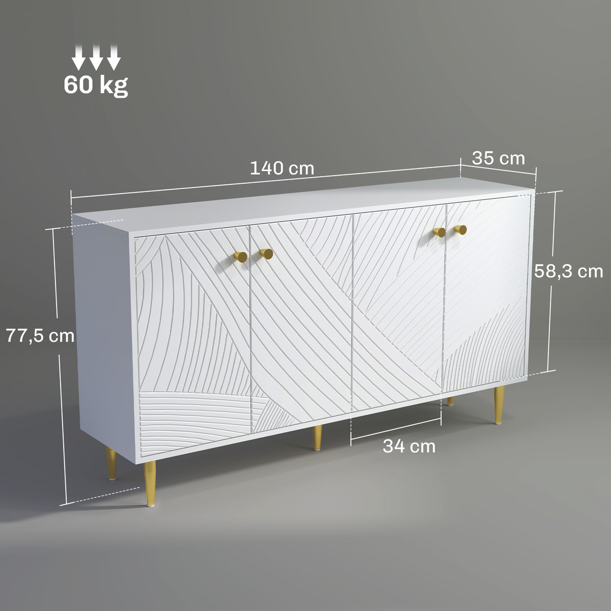 Buffet salon meuble de rangement avec étagères réglables, placards à portes, 140 x 35 x 77,5 cm, blanc