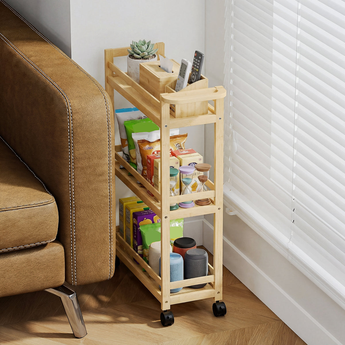 Étagère de rangement de salle de bain en bambou à 3 niveaux avec roulettes pour cuisine, salle de bain, salon - naturel