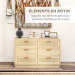 Commode design bohème en rotin avec 6 tiroirs, meuble de rangement pour le salon, le couloir, l'entrée, chêne