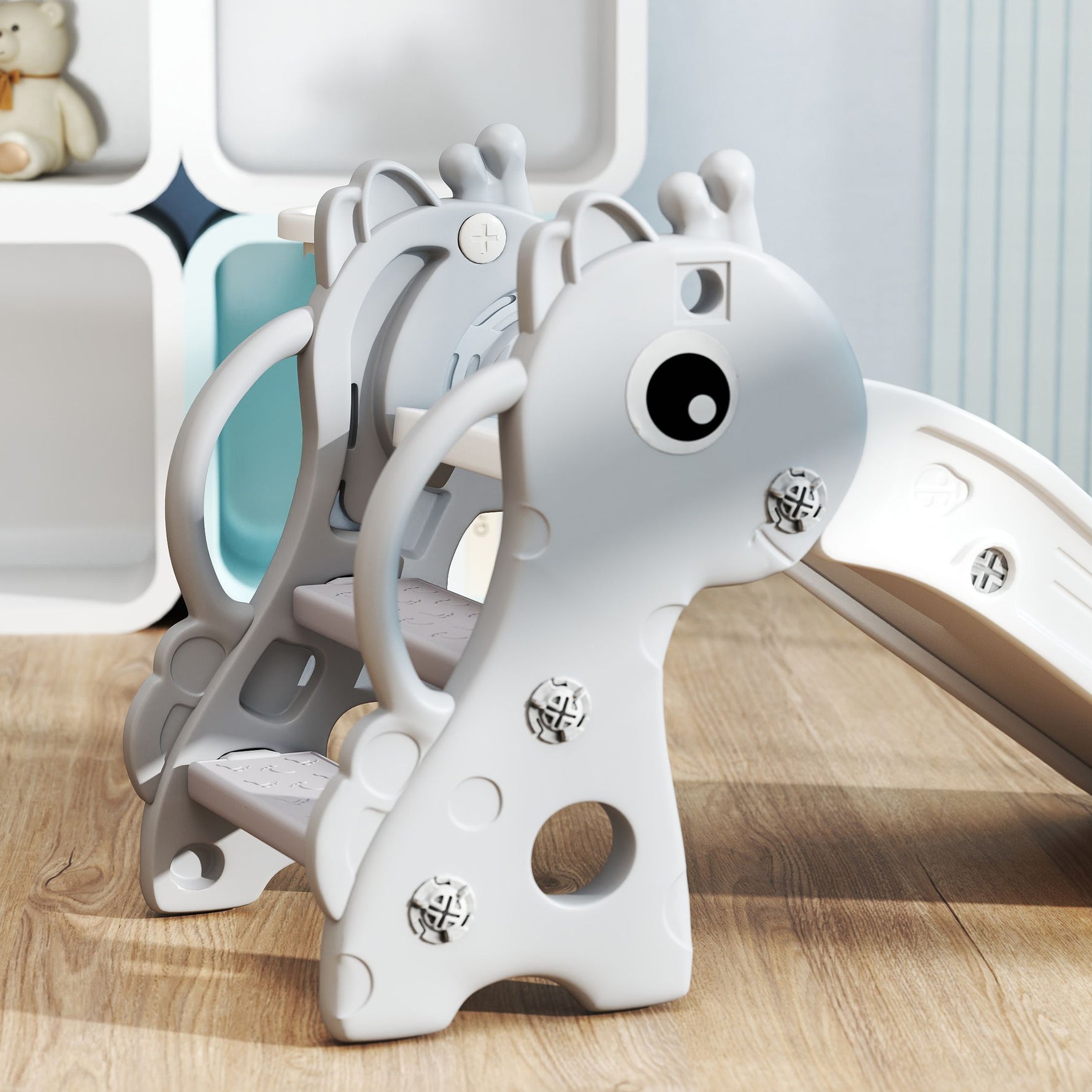 Toboggan pour enfants 3 en 1 en forme de girafe avec panier de basket, escalade et ballon, 106 x 51,5 x 52 cm, gris