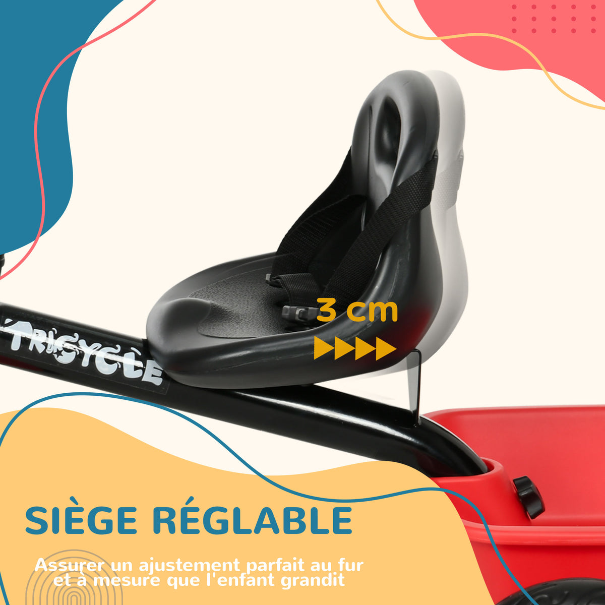 Tricycle pour enfant évolutif avec siège réglable pédales 2 paniers ceinture pour enfant de 2 à 5 ans rouge et noir