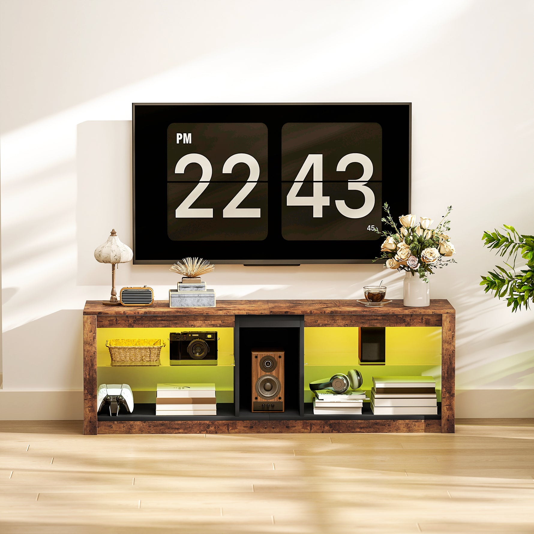 Meuble TV avec lumières LED et télécommande, étagères et compartiments ouvert, 140x35x47cm, marron