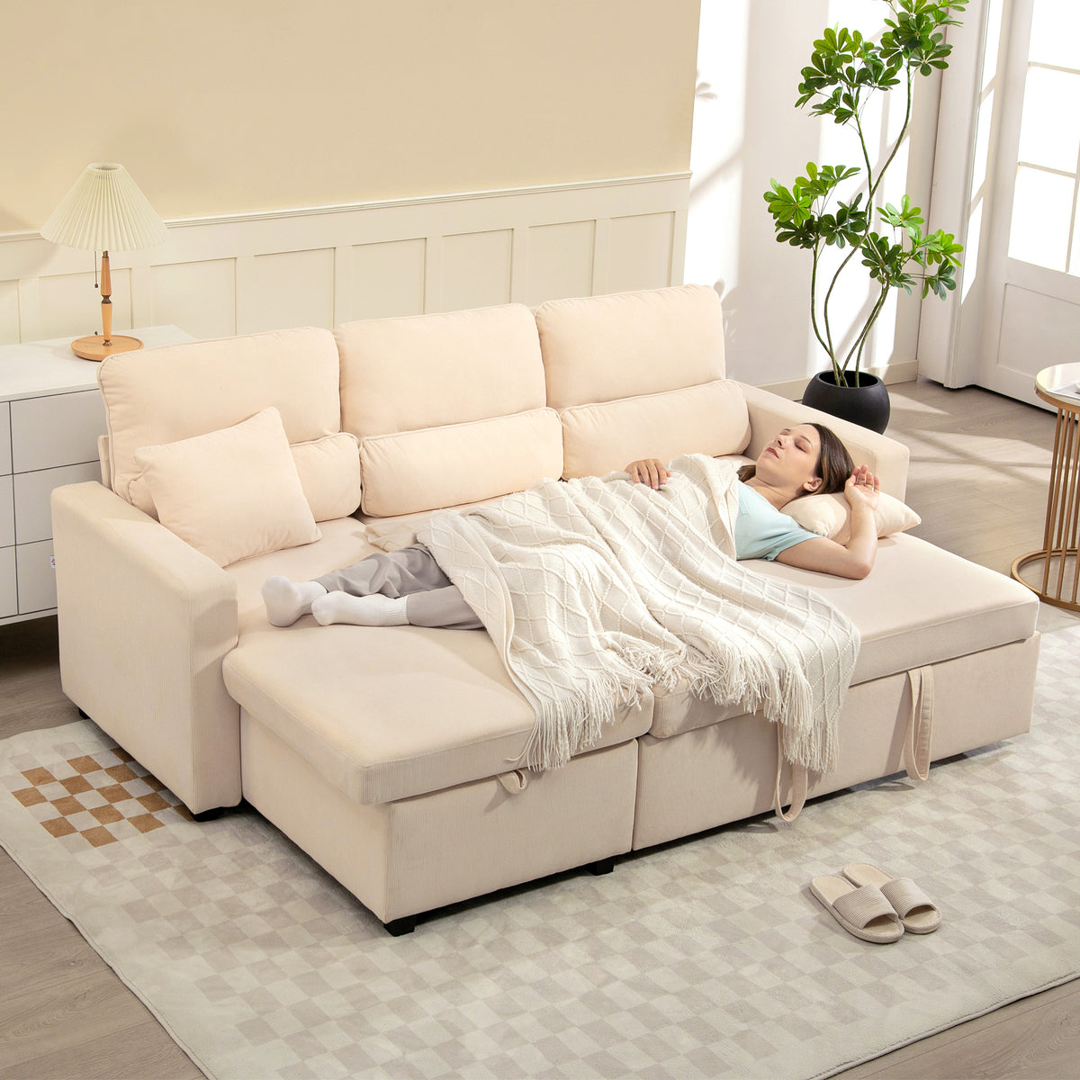 Canapé d'angle convertible en velours côtelé, canapé-lit 3 places avec rangement caché, coussins, 205x135x76cm, beige