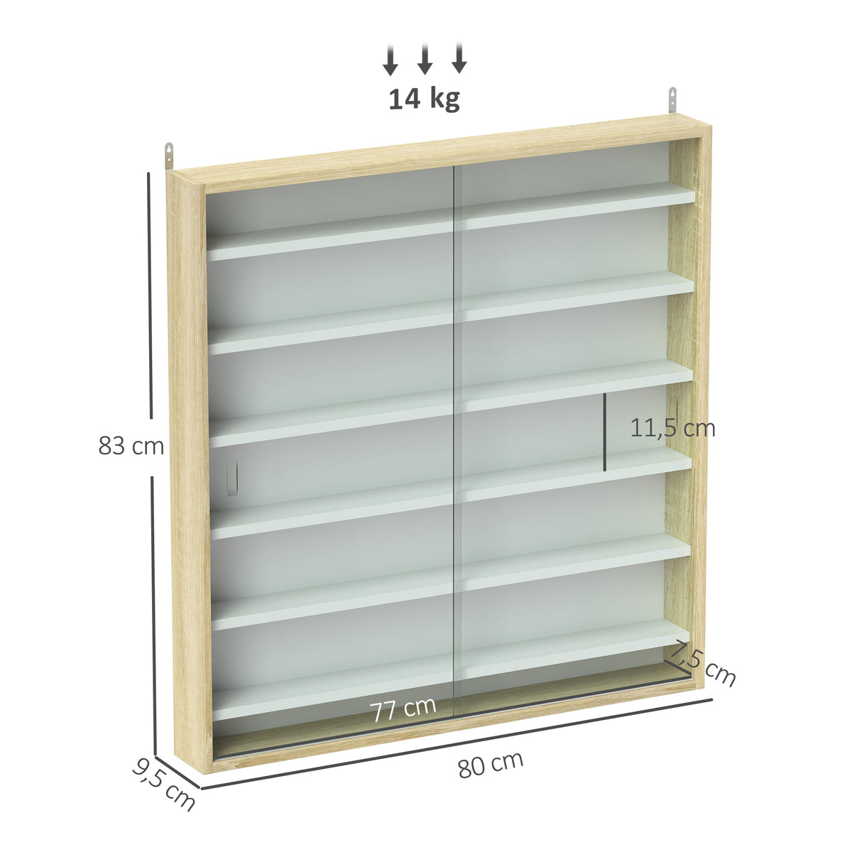 Vitrine pour collection vitrine murale 80 x 9,5 x 83 cm 6 étagères réglables en hauteur 2 portes coulissantes en verre
