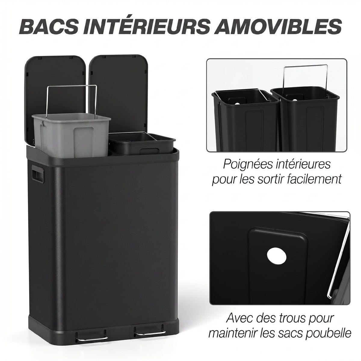 Poubelle de cuisine à double compartiment 2 x 30L avec pédale en acier inoxydable, couvercle à fermeture douce, noir