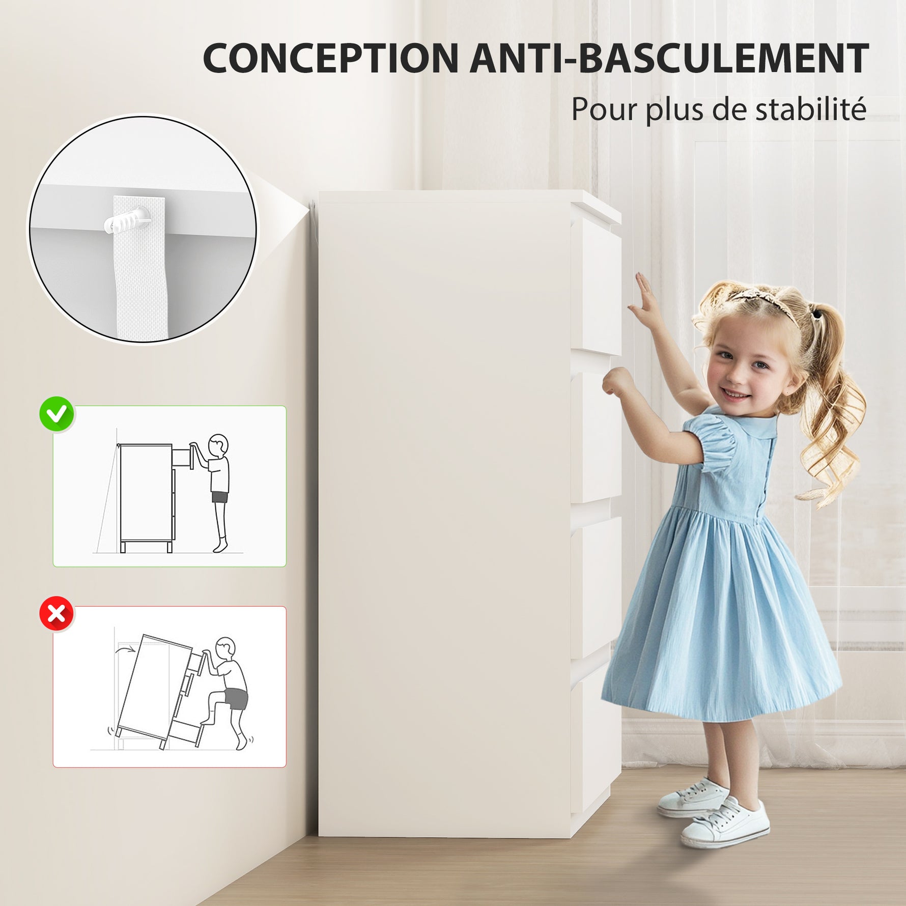 Commode 4 tiroirs, meuble de rangement épuré pour chambre, intérieur, 80 x 39 x 95 cm panneau de particules blanc