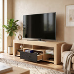 Meuble TV 140 cm, Meuble Télé pour 65 Pouces avec Étagères en Verre Réglables, Tiroir et Compartiments Ouverts, Chêne