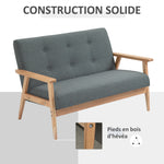 Canapé 2 places style scandinave avec accoudoirs, pieds en bois, 115l x 66,5P x 73H cm, gris