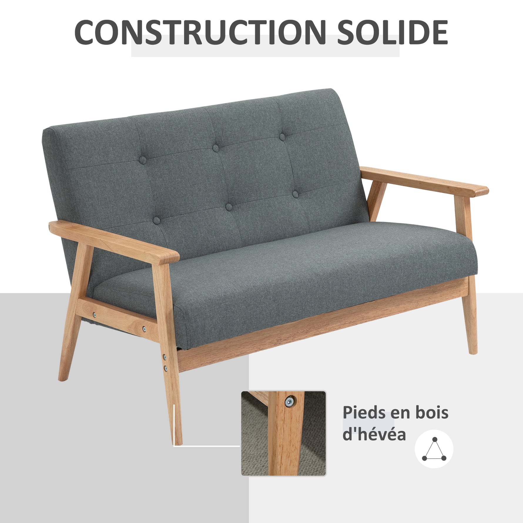Canapé 2 places style scandinave avec accoudoirs, pieds en bois, 115l x 66,5P x 73H cm, gris