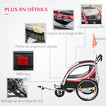 Remorque vélo pour enfant 2 en 1 convertible jogger poussette capacité 26,4 kg avec réflecteurs et drapeau - 2 places  - rouge