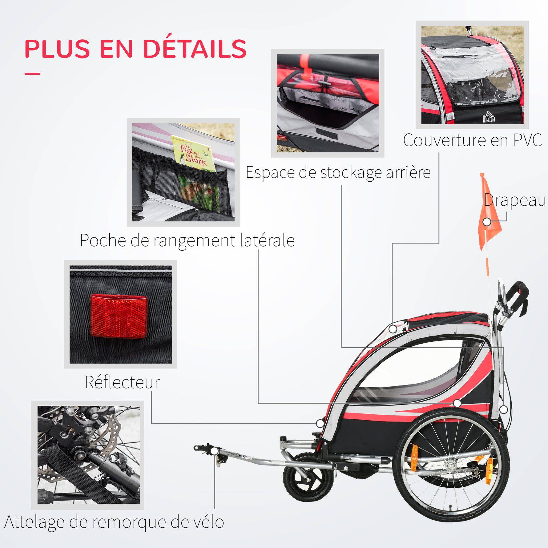 Remorque vélo pour enfant 2 en 1 convertible jogger poussette capacité 26,4 kg avec réflecteurs et drapeau - 2 places  - rouge