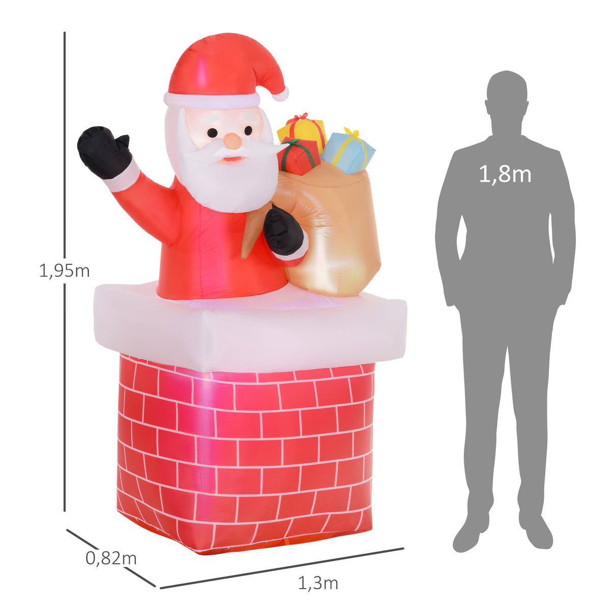 Père Noël gonflable décoration de Noël extérieur avec lumières LED sac de cadeau et la cheminée 130 x 82 x 195 cm rouge