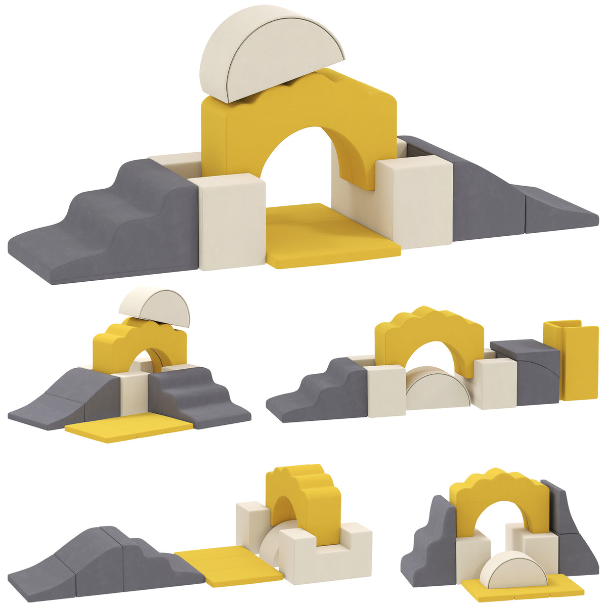 Parcours motricité bébé blocs mousse éducatifs modulables 7 pièces housse lavable en velours base antidérapante jaune