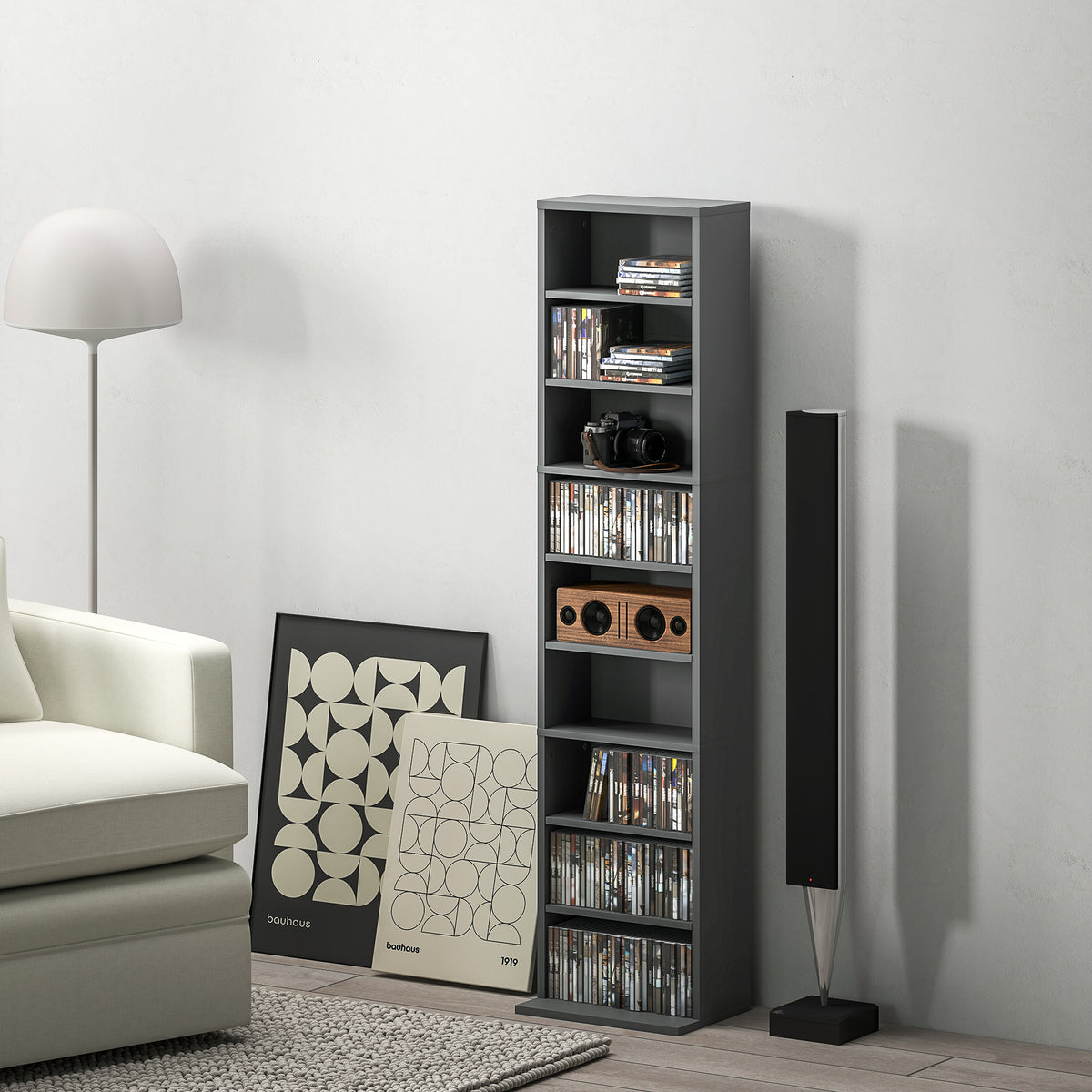Rangements pour CD et DVD 9 compartiments et 6 étagères réglables capacité max. 260 CD/120 DVD 33 x 24 x 140 cm gris