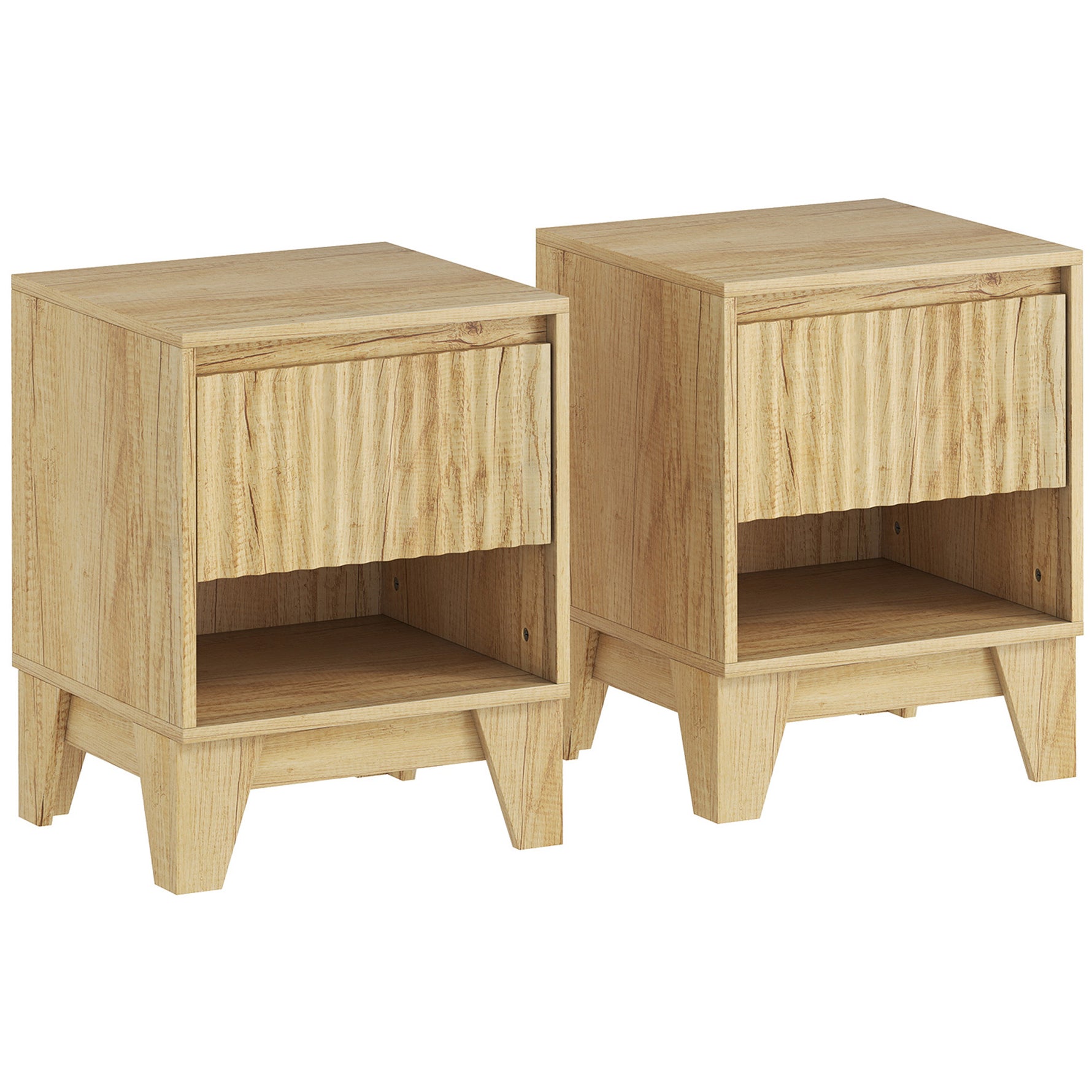 Lot de 2 tables de chevet étroite, table d'appoint compartiment ouvert 1 tiroir, panneaux cannelés 43x40x55cm naturel