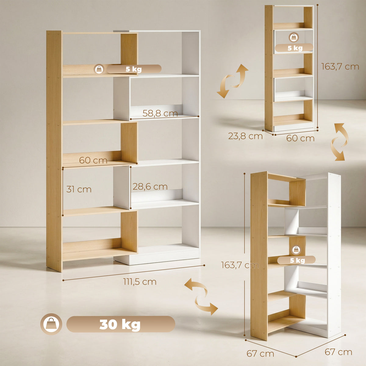 Bibliothèque d'angle rotative 350° à 5 niveaux, étagère de rangement extensible en forme L, 60-111x24x164cm, chêne