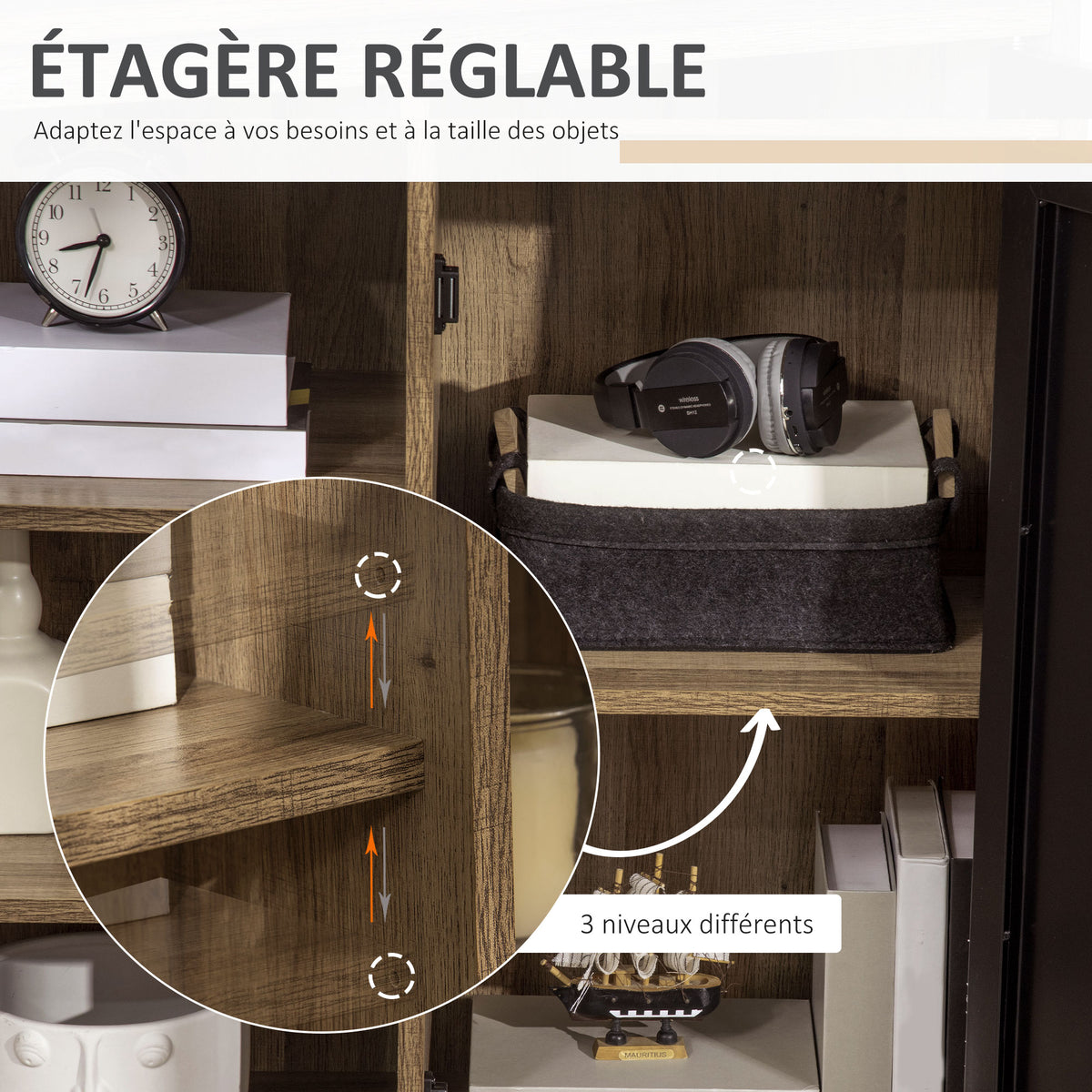 Ensemble Buffet Bibliothèque et Meuble TV Industriel 2 Passe-Fils Multi-rangement Aspect Bois veinage Portes métal Noir