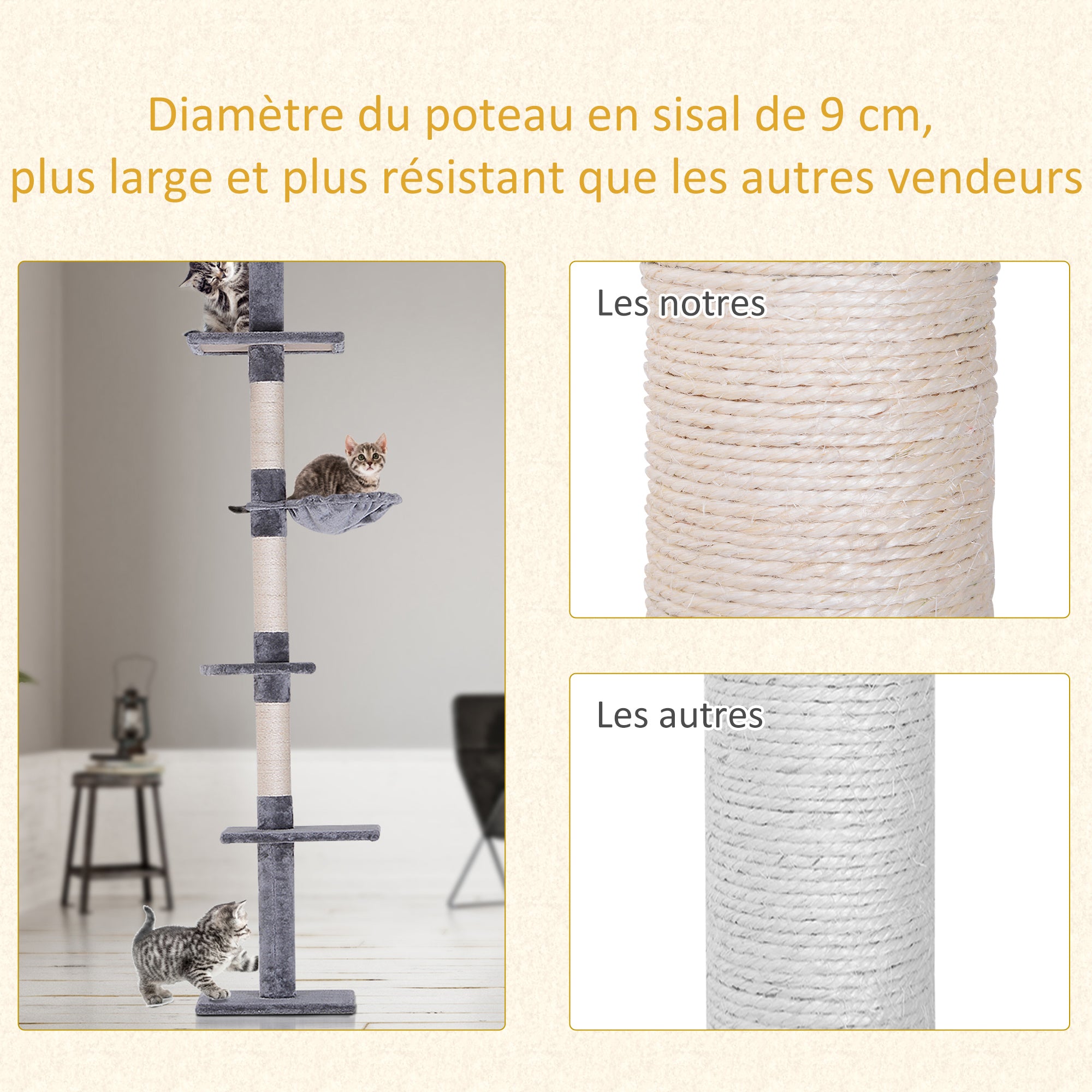 Krabpaal van vloer tot plafond, krabpaal L 40 x B 34 x H 230-260 cm, 5 activiteitsniveaus, grijs