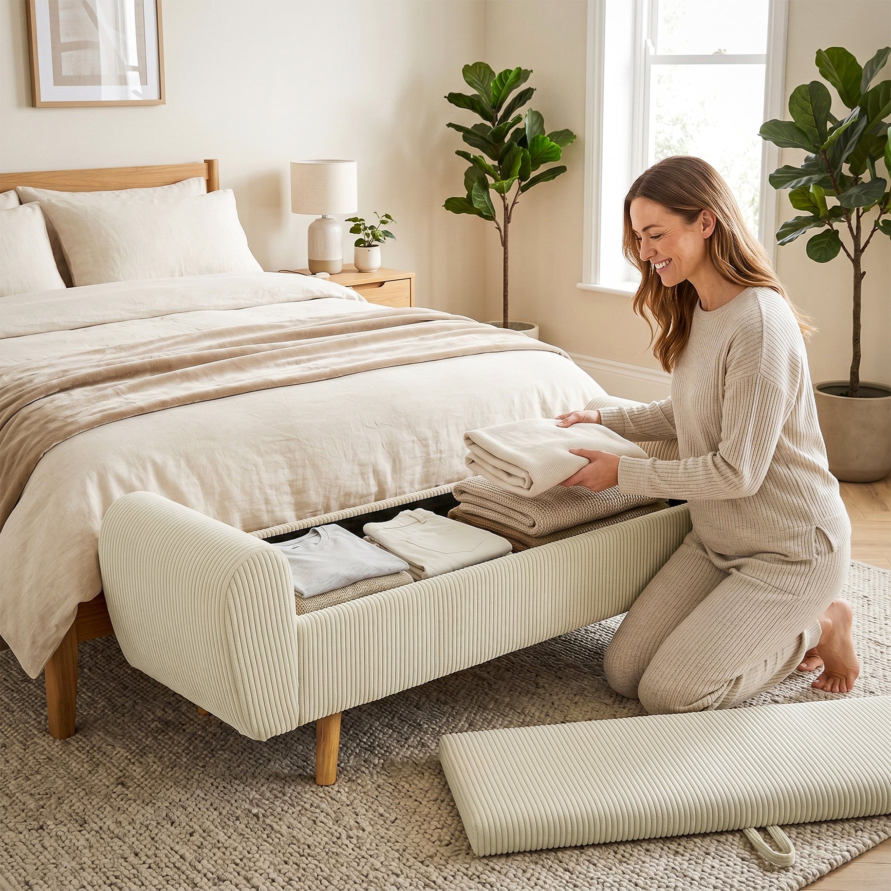 Banc de rangement 73 L, coffre de rangement rembourré en velours côtelé avec accoudoirs et pieds en bois d'hévéa, beige