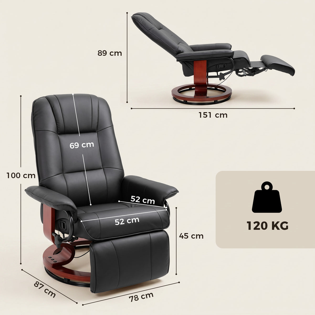 Fauteuil Relax Inclinable, Fauteuil de Salon, Repose-Pieds Réglable, Pivotant 360°, Piètement Bois, Revêtement Synthétique, Noir