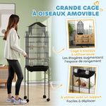 Cage à oiseaux sur pied, volière sur roulettes avec balançoire, support, design maison, 50,5 x 41 x 163 cm en acier noir
