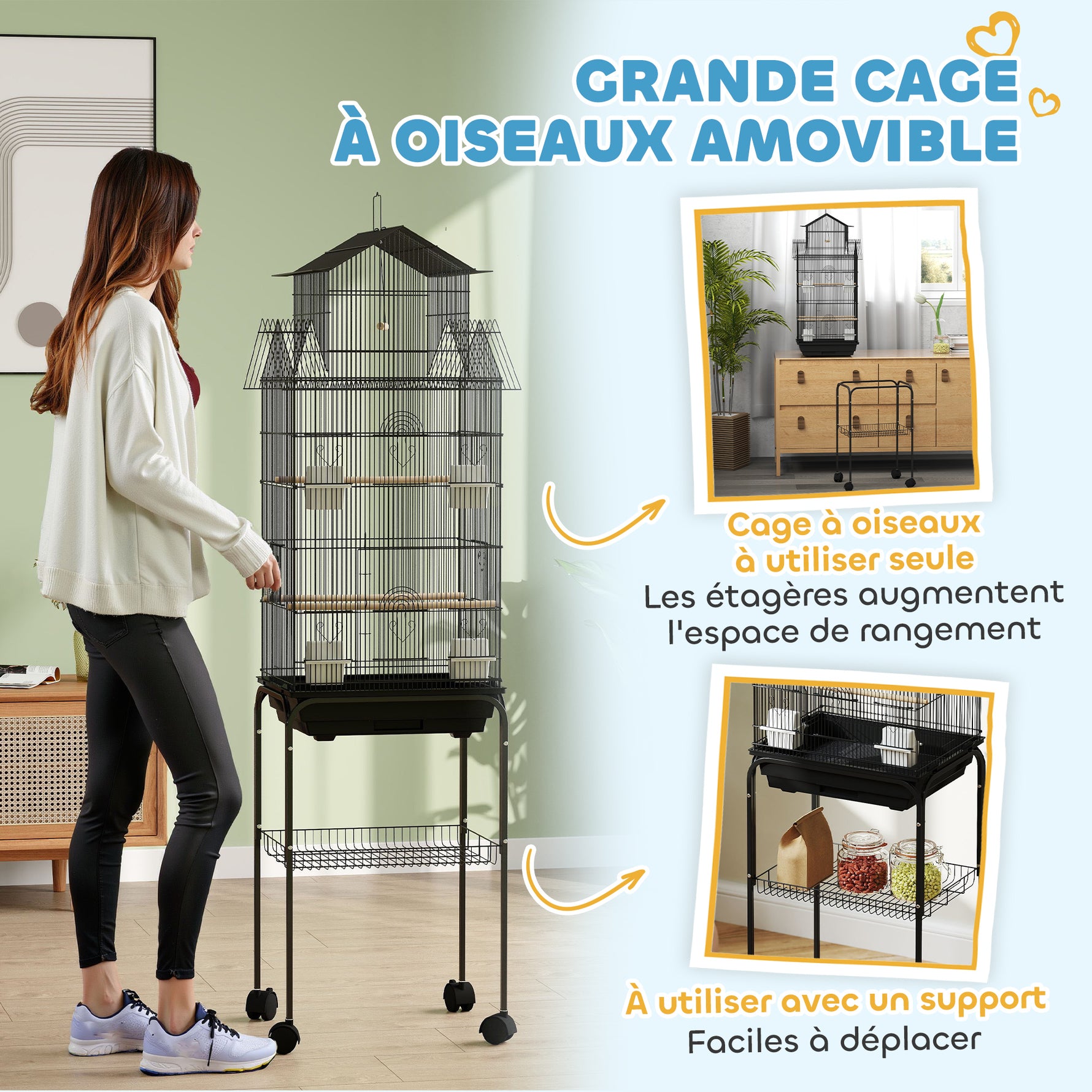 Cage à oiseaux sur pied, volière sur roulettes avec balançoire, support, design maison, 50,5 x 41 x 163 cm en acier noir