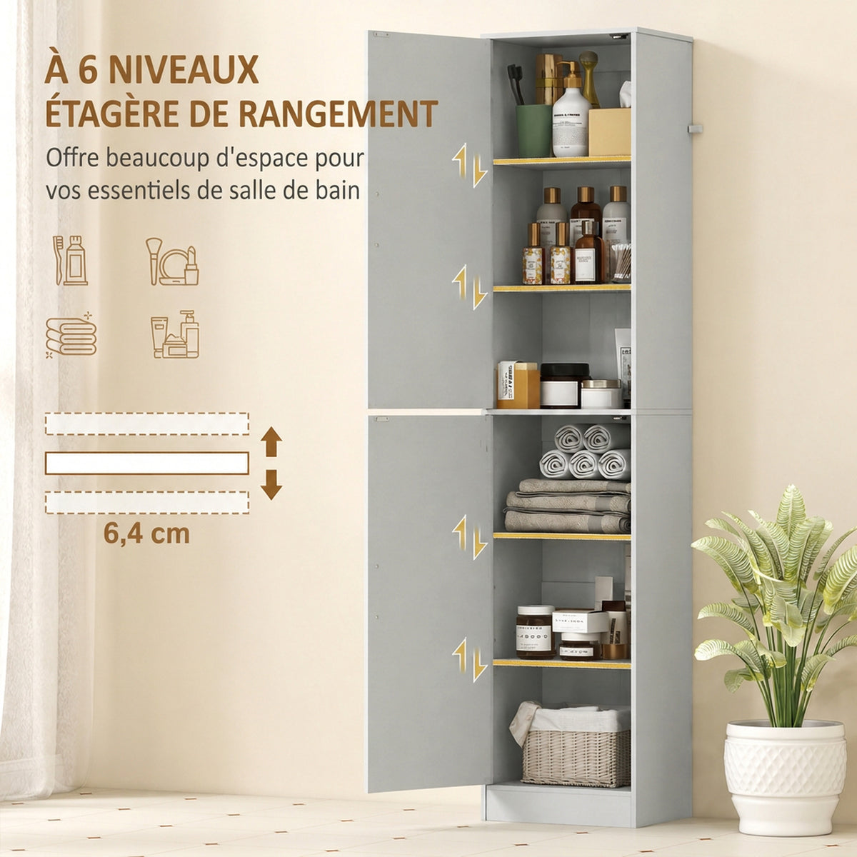 Colonna da bagno a 6 livelli, mobile contenitore stretto, 2 ante e 4 ripiani regolabili, 40x35x180cm, verde