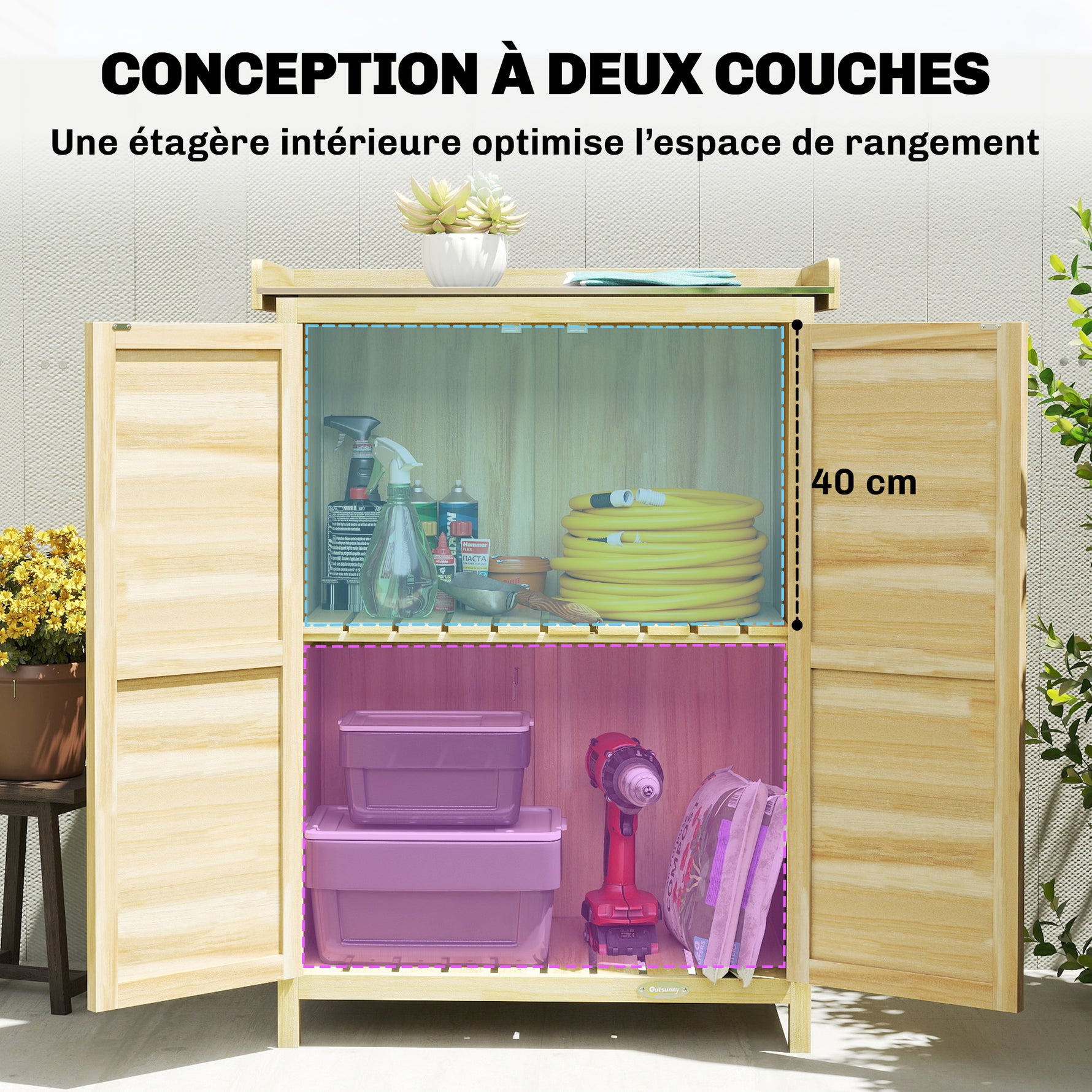 Armoire de jardin, armoire extérieure de rangement en bois, plan de travail en métal galvanisé, 71,5x39x95cm, naturel