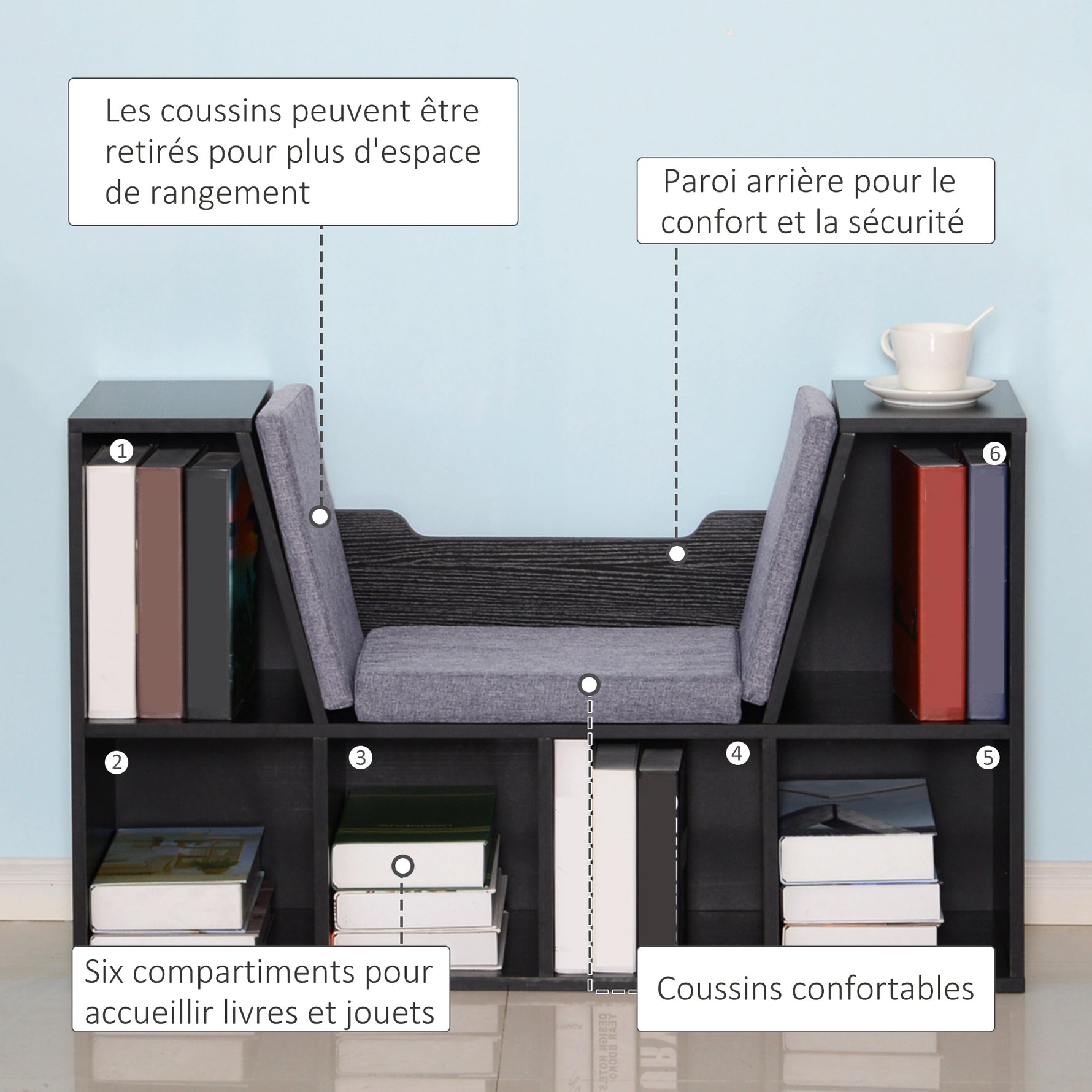 Bibliothèque banc 2 en 1 avec coussins de siège, étagère cube 6 compartiments ouverts et 2 niveaux, meuble de rangement pour salon, chambre à coucher, bureau, 102 x 30 x 61 cm, noir