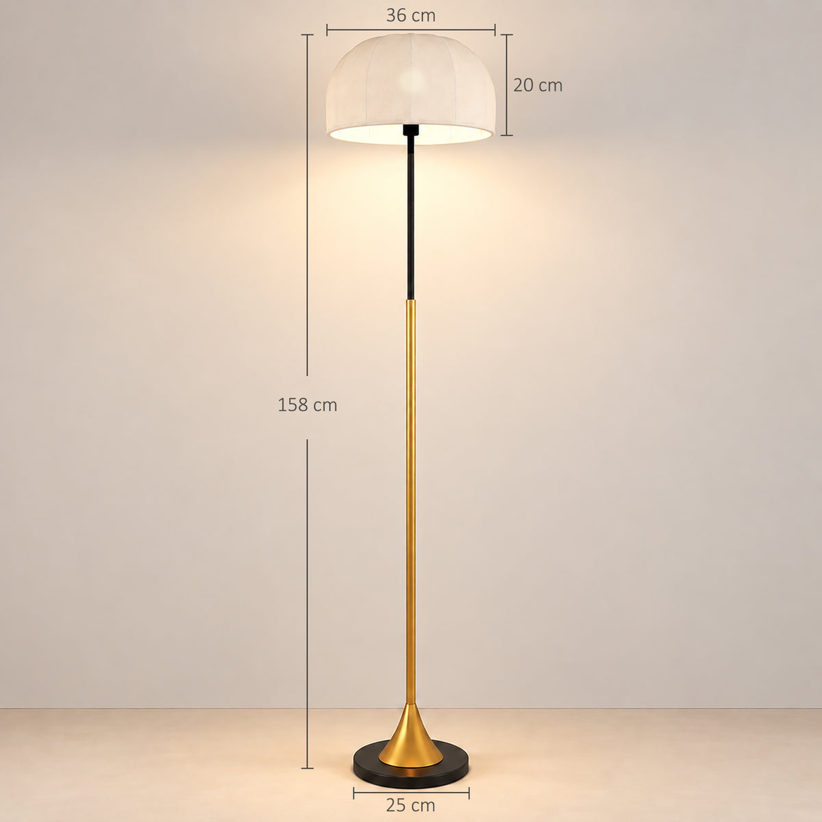 Egongelarako zutikako lanpara, 40 W-koa, kupula formako itzalarekin, oin-etengailua, 158 cm, urre eta zuri kolorekoa