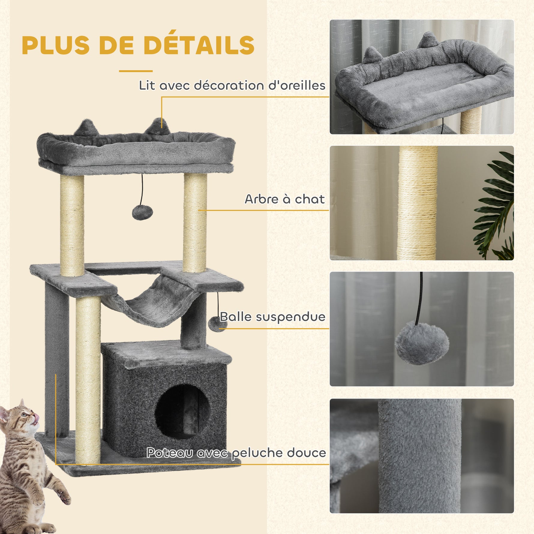 Arbre à chat avec griffoir, en tissu peluche, tour de jeux pour chat, lit, niche, hamac, plateforme 48 x 48 x 90 cm gris
