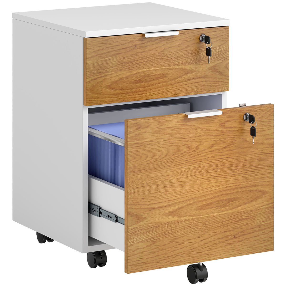 Caisson de bureau, meuble de rangement 2 tiroirs 2 barres pour dossier suspendu, verrouillable avec 2 clés 42x40x60 cm