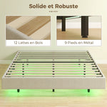 Lit Flottant 160 x 200 cm avec Éclairage LED Intelligent, Cadre de Lit Double Rembourré en Lin, Montage Facile, Beige