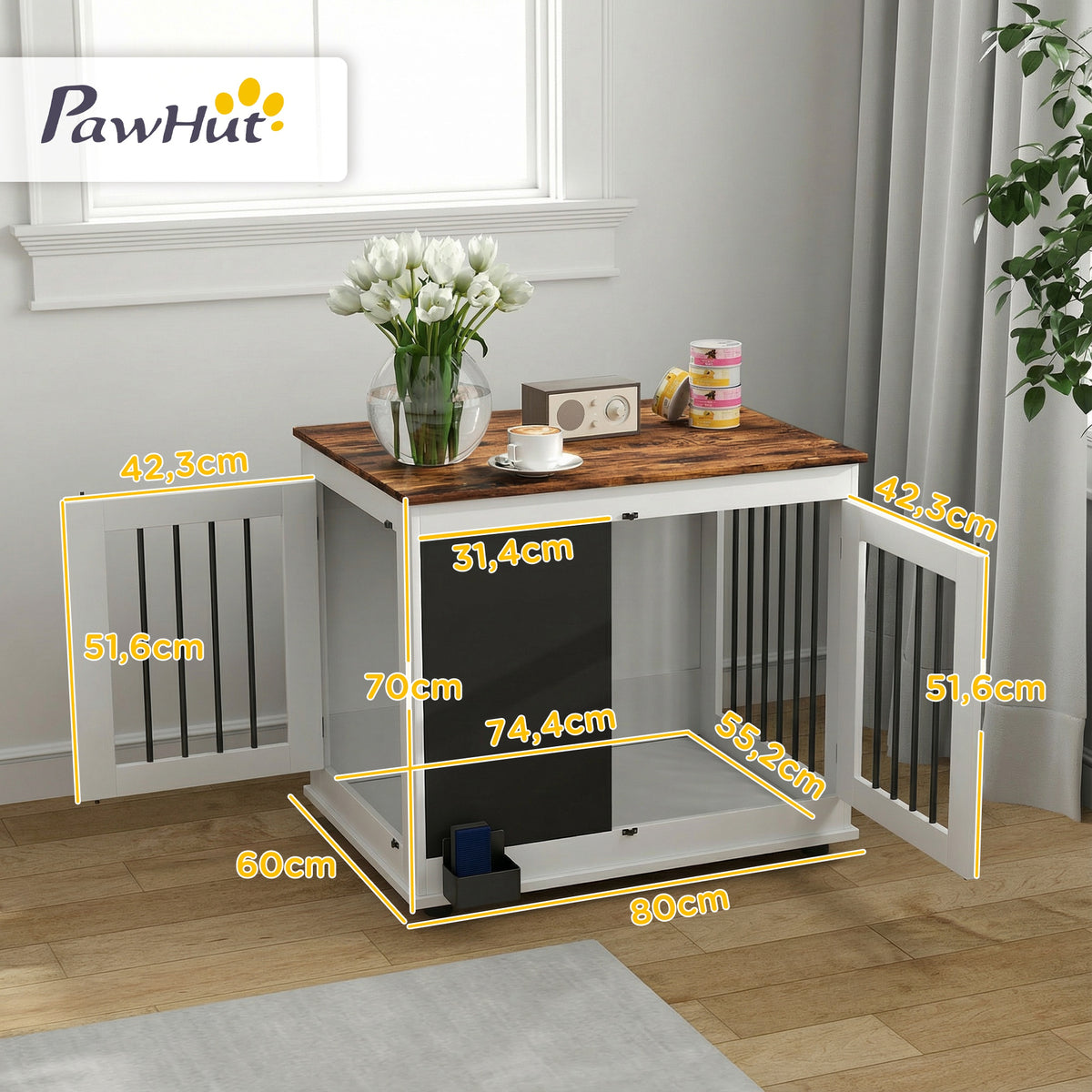 Cage pour chien cage chien intérieur avec 2 portes tableau noir pour chiens taille moyenne 20 kg 80 x 60 x 70 cm blanc