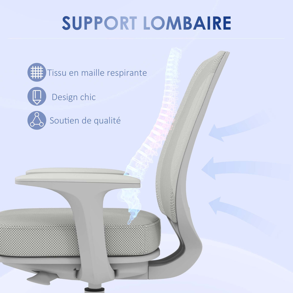 Chaise de bureau tissu mesh hauteur réglable pivotante 360° accoudoirs sur roulettes, gris