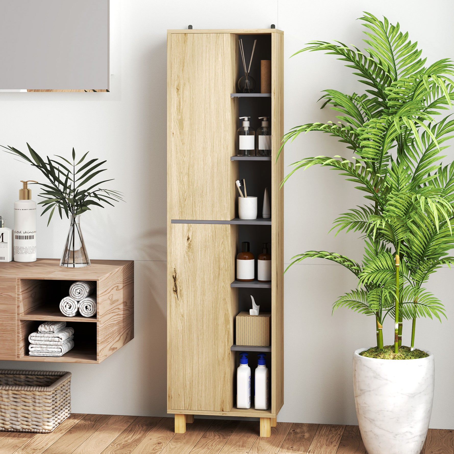 Meuble colonne salle de bain, armoire de salle de bain avec 6 compartiments ouverts et 2 placards, bois naturel