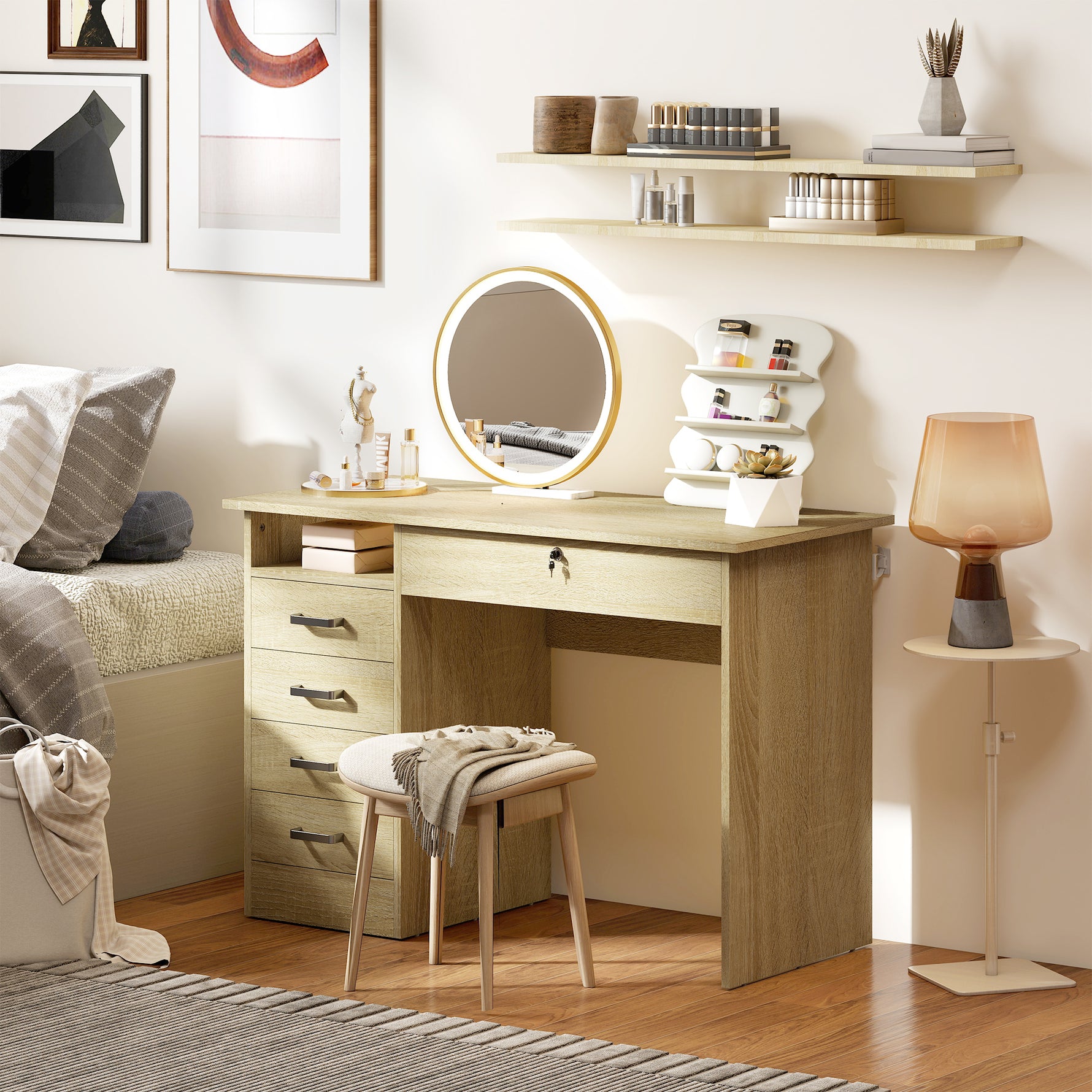 Bureau moderne avec 5 tiroirs, grand plateau, 1 compartiment ouvert, tiroir verrouillable, 110 x 50 x 76cm, chêne