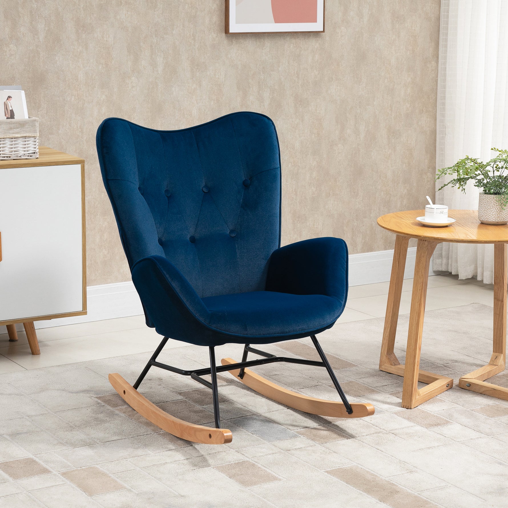 Fauteuil à Bascule, Rocking Chair, fauteuil allaitement confortable avec Structure en bois massif et métal pour Salon, Chambre, Balcon, Velours Bleu