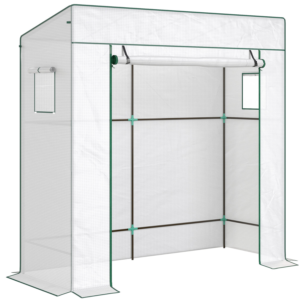 Serre de jardin murale adossée avec 1 porte enroulable, bâche PE renforcée, 2 fenêtres, dim. 196L x 77l x 197/178H cm