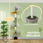 Arbre à chat, hauteur 275 cm, 6 niveaux pour chat d'intérieur, du sol au plafond, avec plate-formes, niche, gris clair