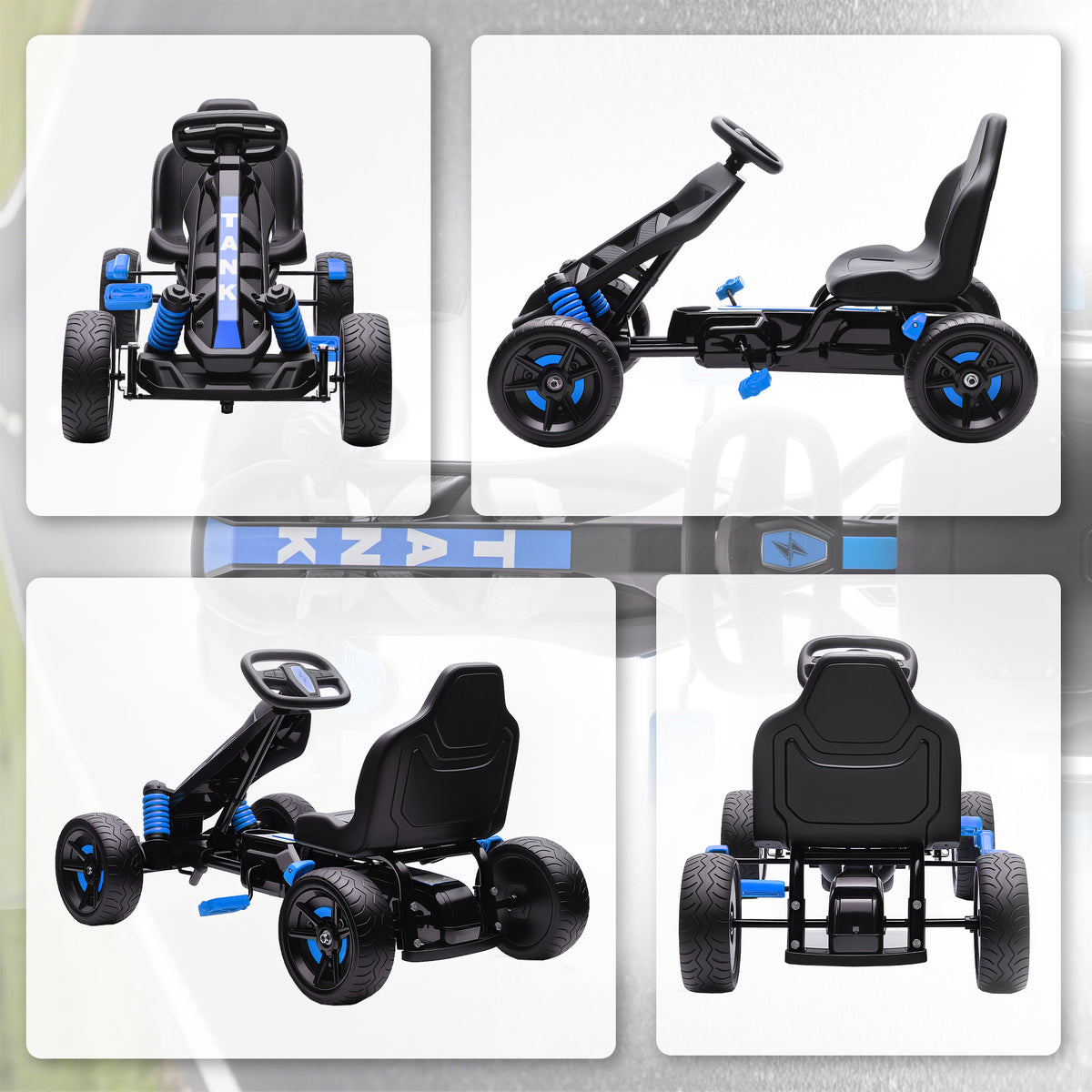 Kart à pédales pour enfants, karting enfant 3 à 6 ans avec roue libre, frein, roues EVA antidérapantes, bleu