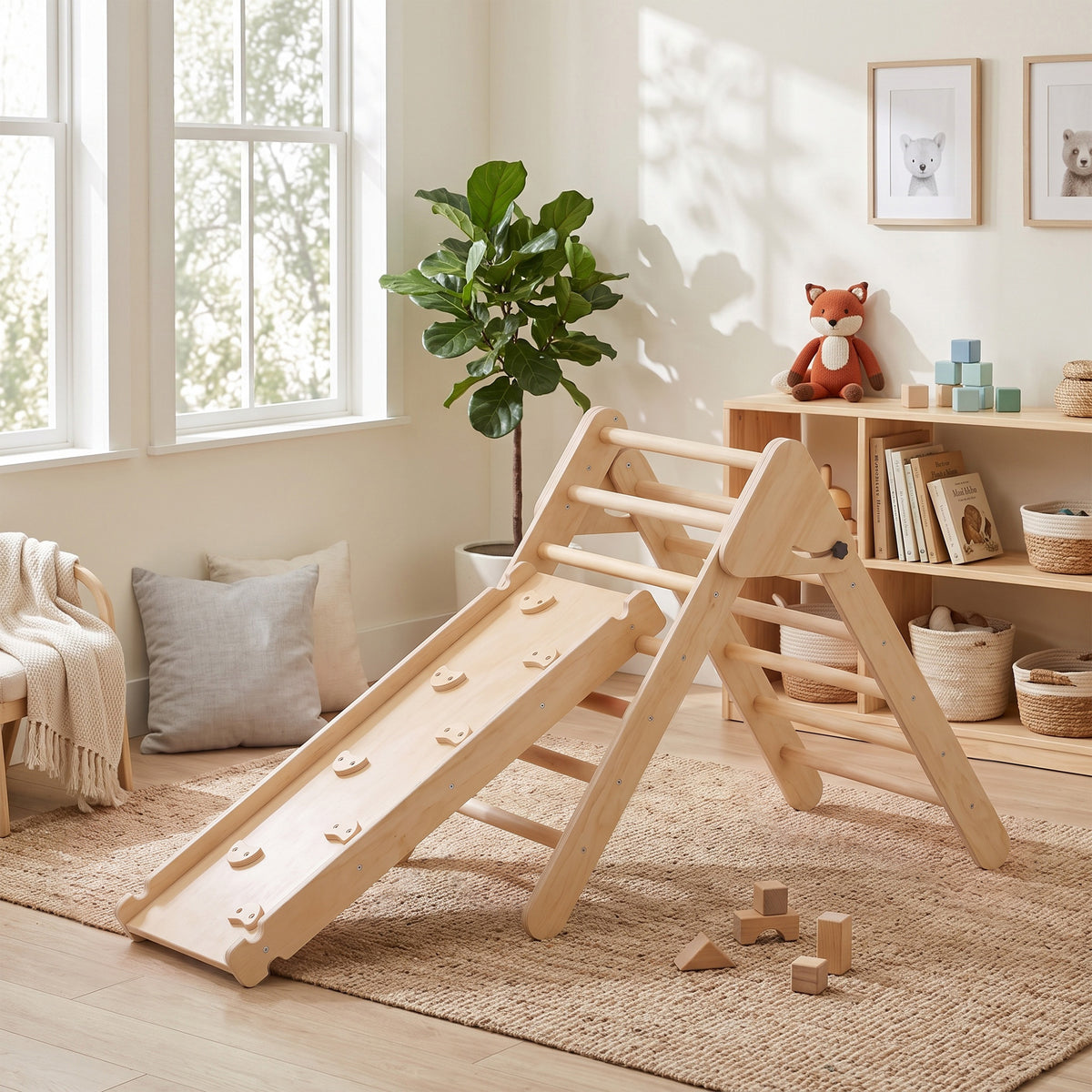 Triangle d'escalade, 3 en 1 en bois pour grimper et glisser, charge max. 50 kg, pour 18-48 mois, bois naturel