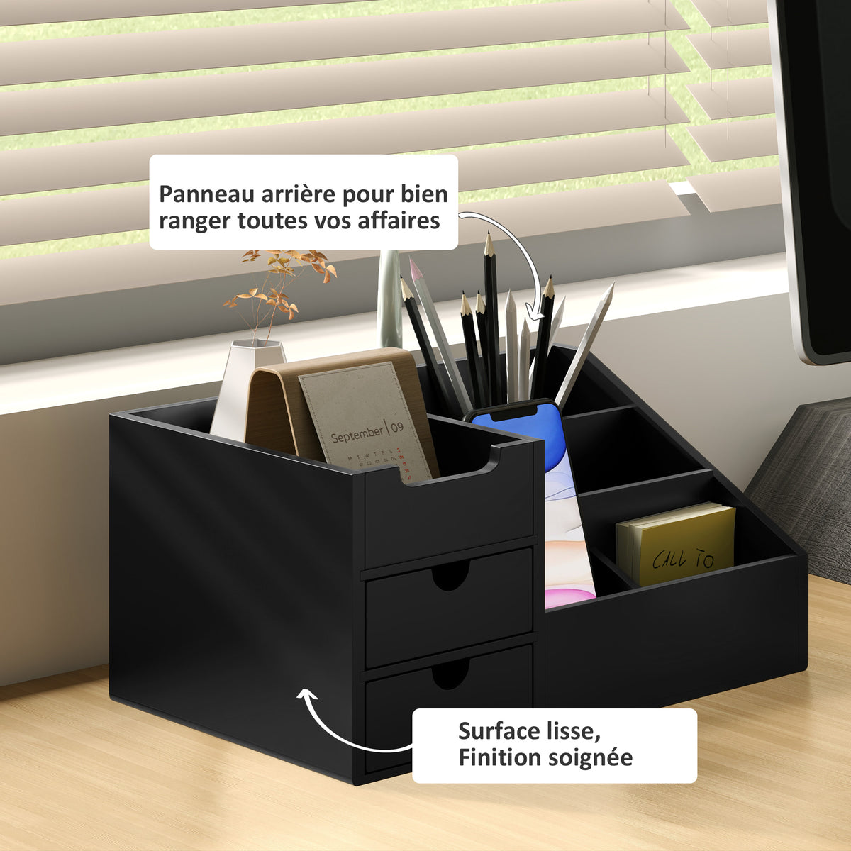 Boite de Rangement de Bureau - Organiseur de Bureau - 7 Compartiments, 2 tiroirs - Bambou Verni Noir