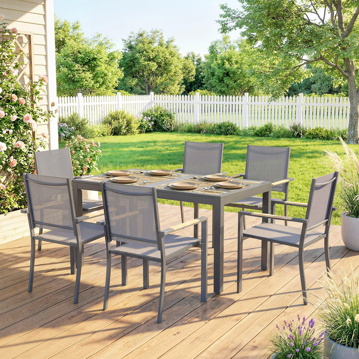 Salon de Jardin Ensemble Mobilier de Jardin 7 Pièces Table Effet Bois 6 Chaises Empilables en Textilène 140x80x72cm Gris