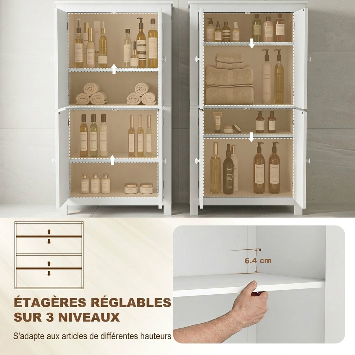 Meuble de salle de bain, meuble de rangement étroit avec 4 portes et étagères réglables, style moderne, blanc