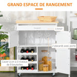 Carrello da cucina multi-ripiano, 2 armadietti, cassetto, portabottiglie da 9 posti, MDF bianco, piano in legno di gomma