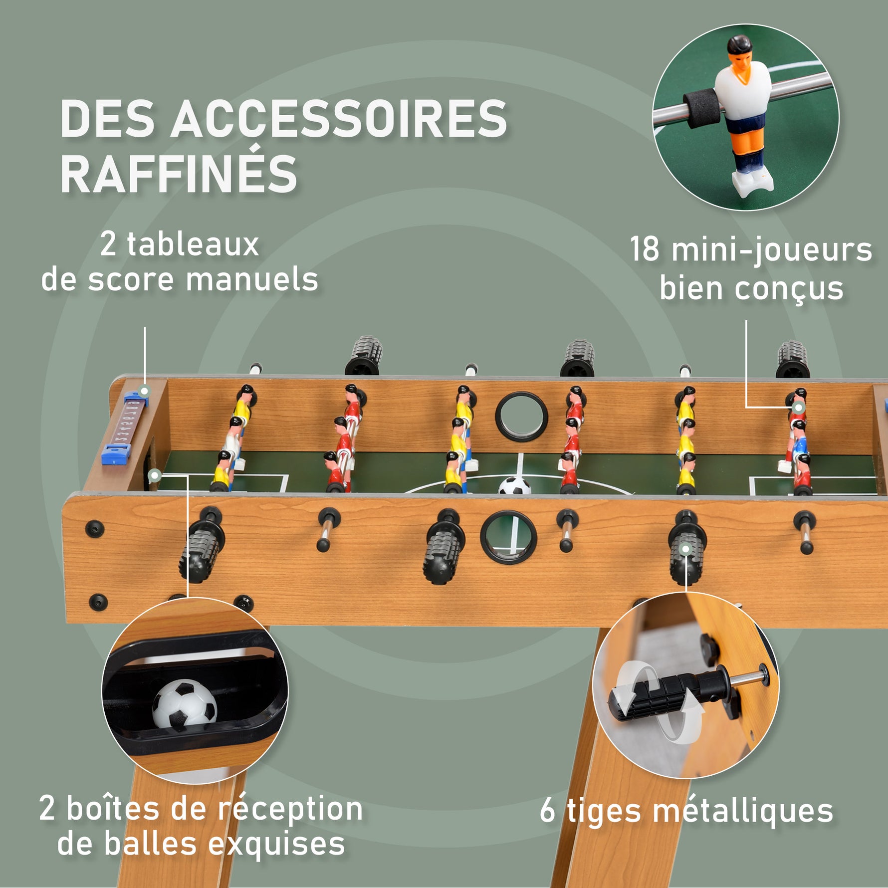 Babyfoot pliable en bois avec 18 joueurs, 2 ballons, 6 tiges et tableau de bord, pour adulte et enfant,  69 x 37 x 70 cm