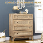 Commode 4 tiroirs meuble de rangement cannage en rotin aspect bois clair 80 x 35 x 95 cm