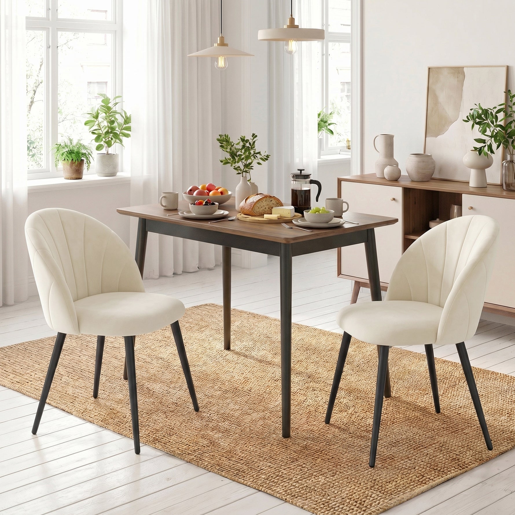 Lot de 2 chaises de salle à manger, chaises de cuisine rembourrées sans accoudoirs, pieds en acier, 52x55x79cm, crème